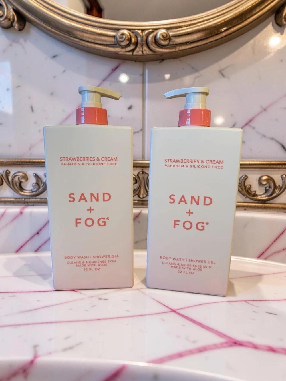 SAND + FOG NWT Qty of 2 Strawberries & Cream Body Wash Shower Gel 32 Fl Oz Each